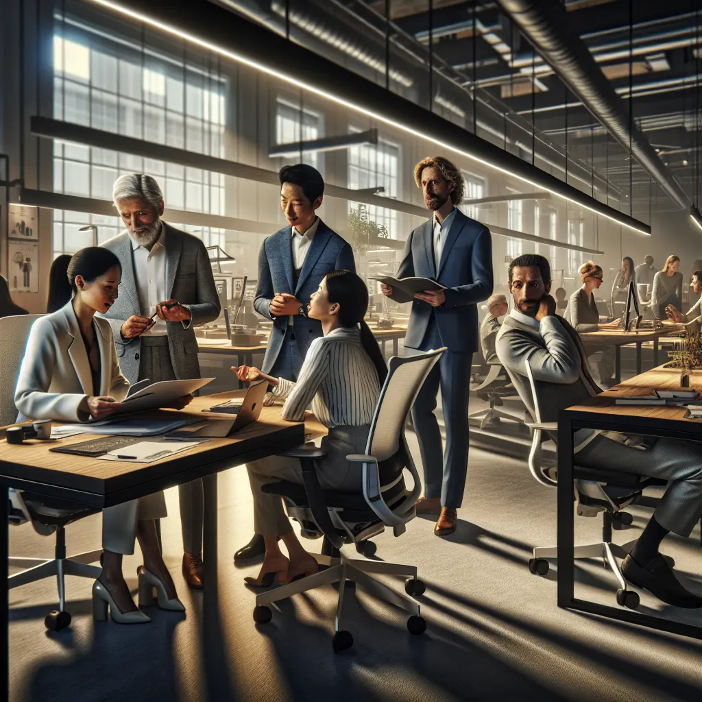 A hyper-realistic photograph of professionals engaged in various workplace activities