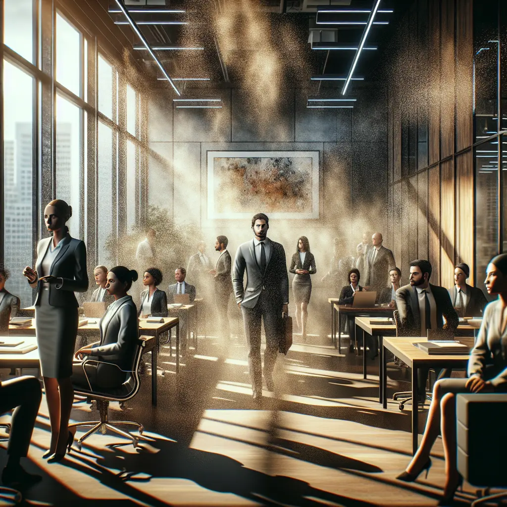 Create a hyper-realistic image evoking palpable tension in a modern office. Elements to focus on include the sunlight streaming through floor-to-ceiling windows, illuminating floating dust particles, creating an aura of seriousness and anticipation. The people in the office are diverse including Caucasian, Hispanic, Black, Middle-Eastern, South Asian individuals both male and female. Their facial expressions disclose subtle power dynamics. Decorate the office walls with modern art, vivid yet non-descriptive, that respects the movements prior to 1912. The level of realism is extreme, enabling one to discern every wrinkle, reflection, and texture in this representation of a dynamic business atmosphere.