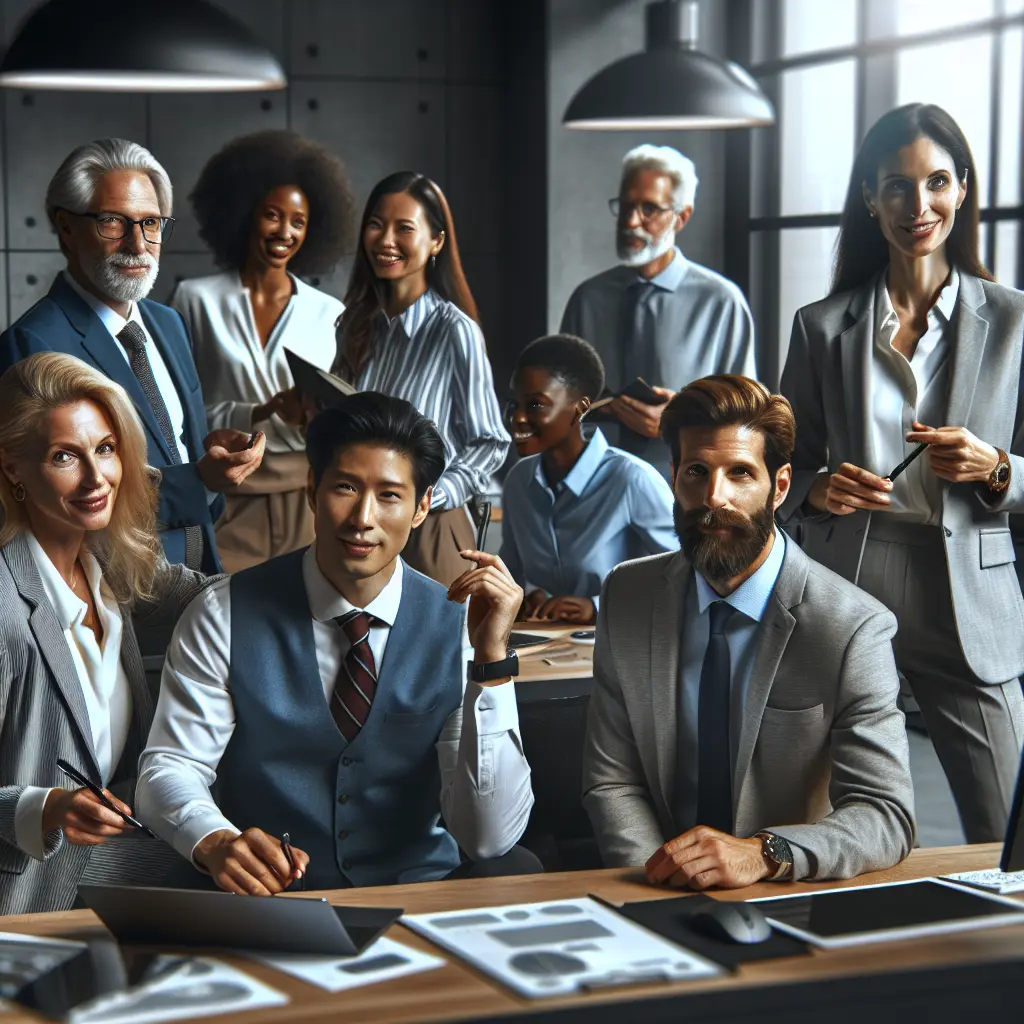 Create a hyper-realistic photograph of a diverse group of professionals engaged in various workplace activities