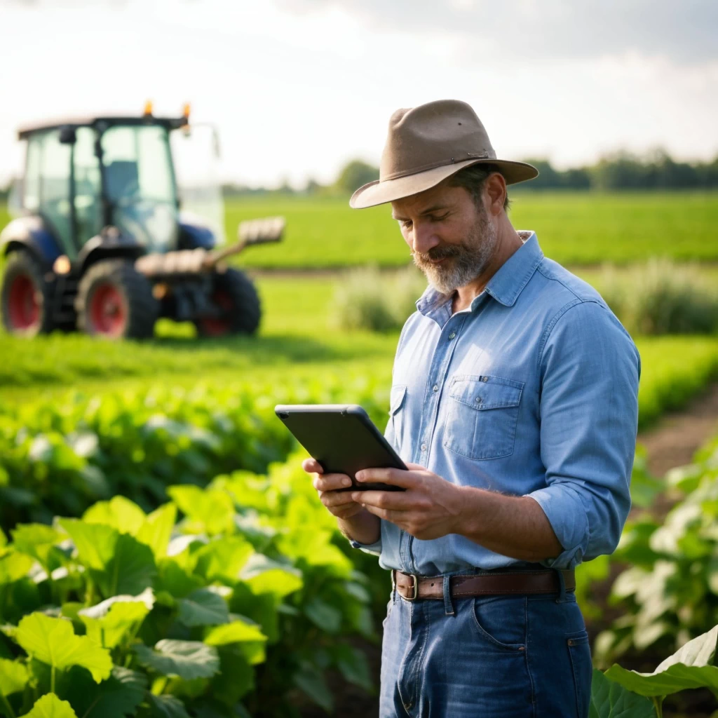 A farmer using a tablet to analyze data in a wheat field at sunset