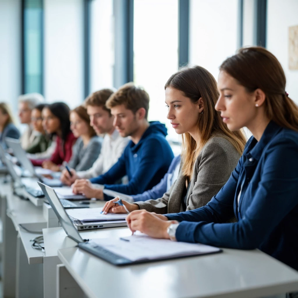 Un groupe de candidats européens concentrés passant un test d'aptitude dans une salle moderne