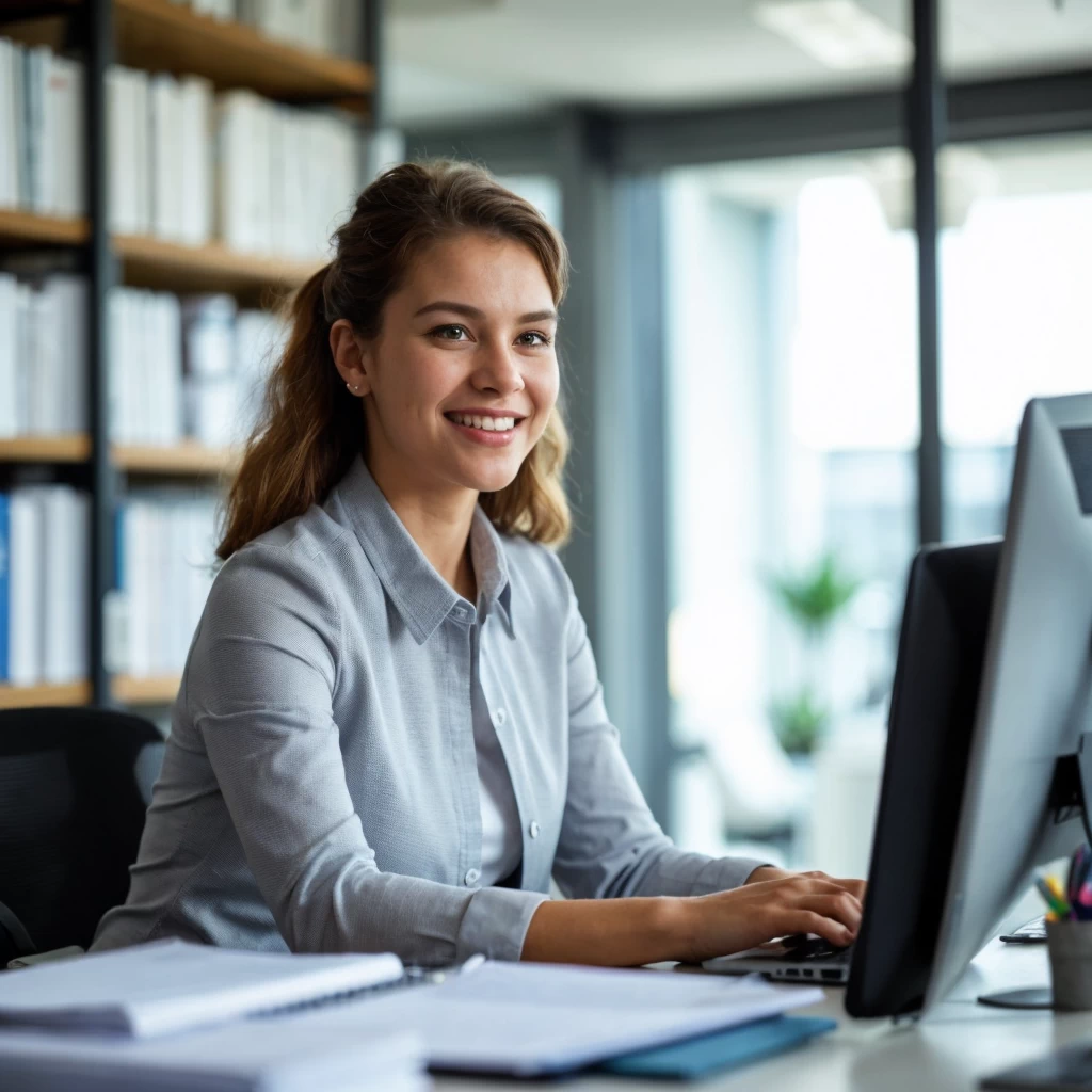 A professional European assistant working efficiently in a modern office