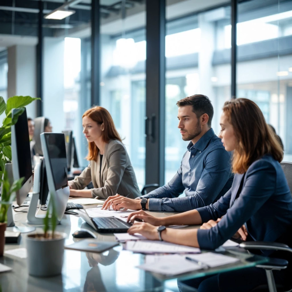 Équipe de professionnels back-office européens travaillant dans un bureau moderne