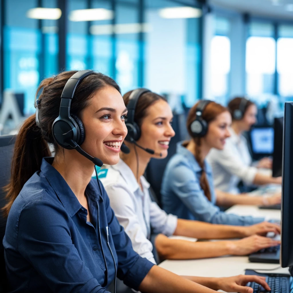 A diverse group of European call center agents working in a modern, dynamic environment