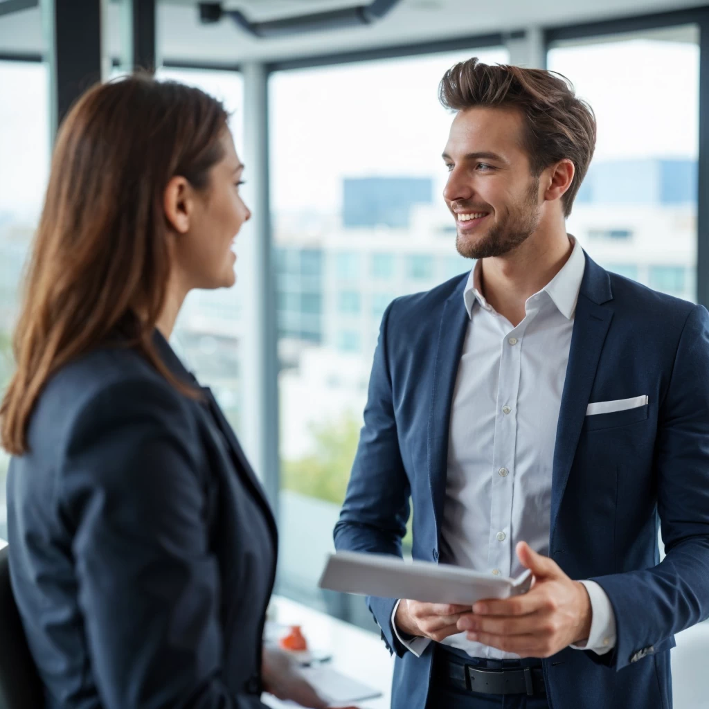 A professional salesperson in action, presenting a product to an interested client