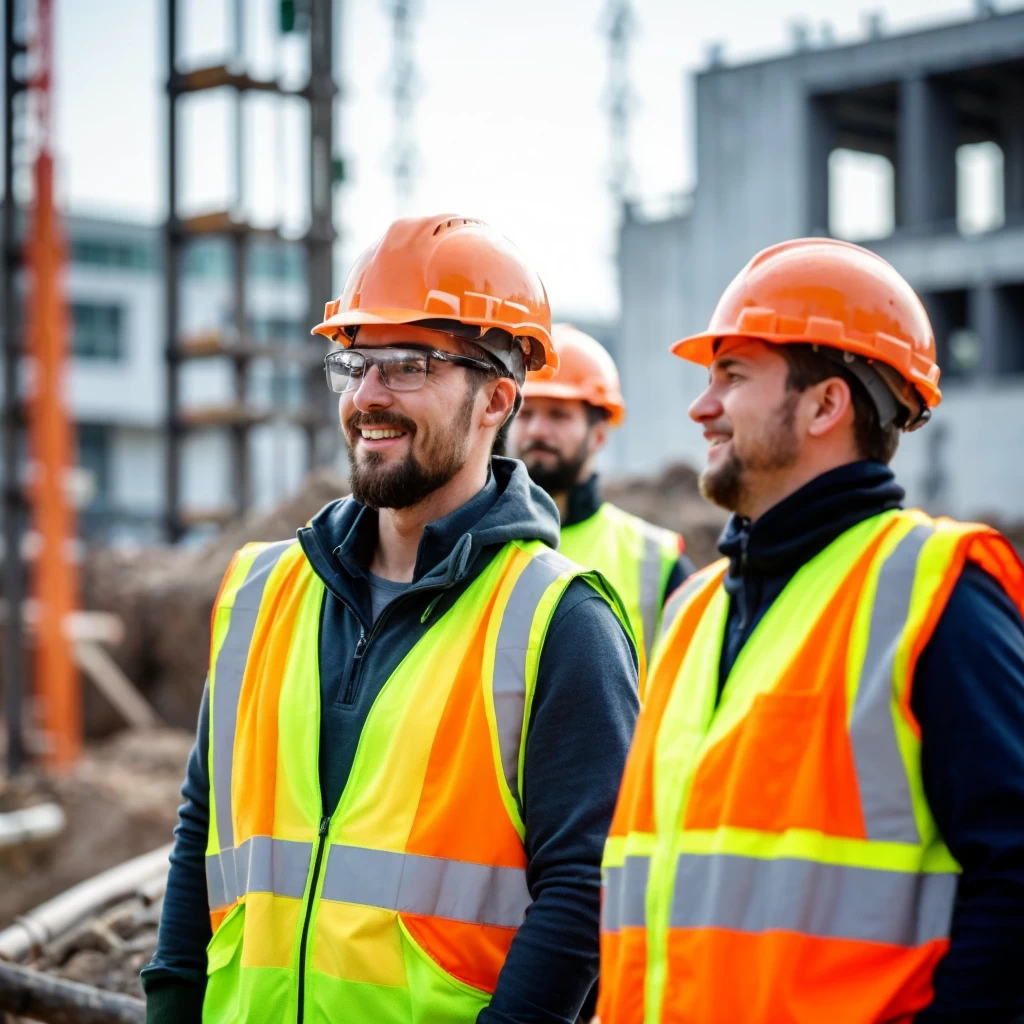 Un ouvrier européen portant un casque de sécurité sur un chantier de construction moderne