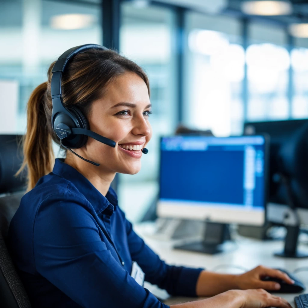 Une télévendeuse souriante portant un casque, assise devant un ordinateur