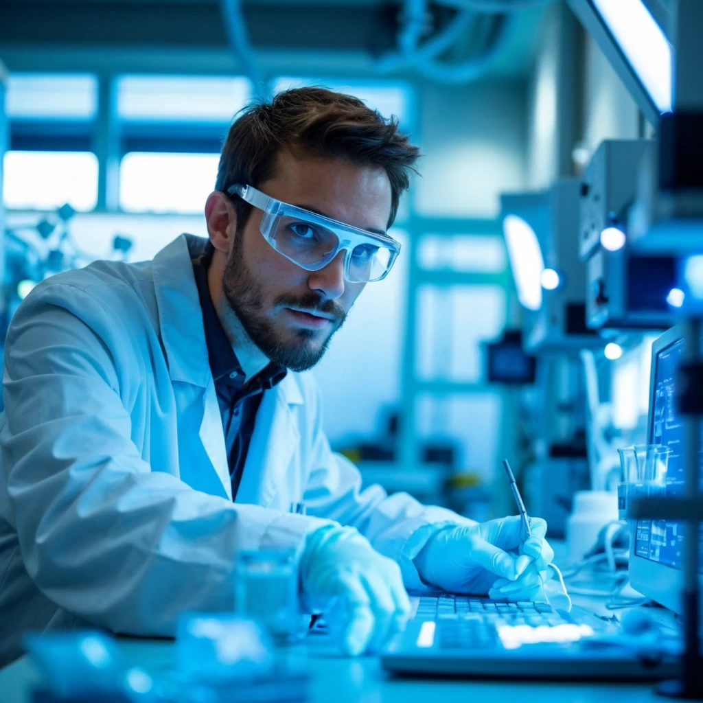 European engineer working on a complex project in a high-tech lab