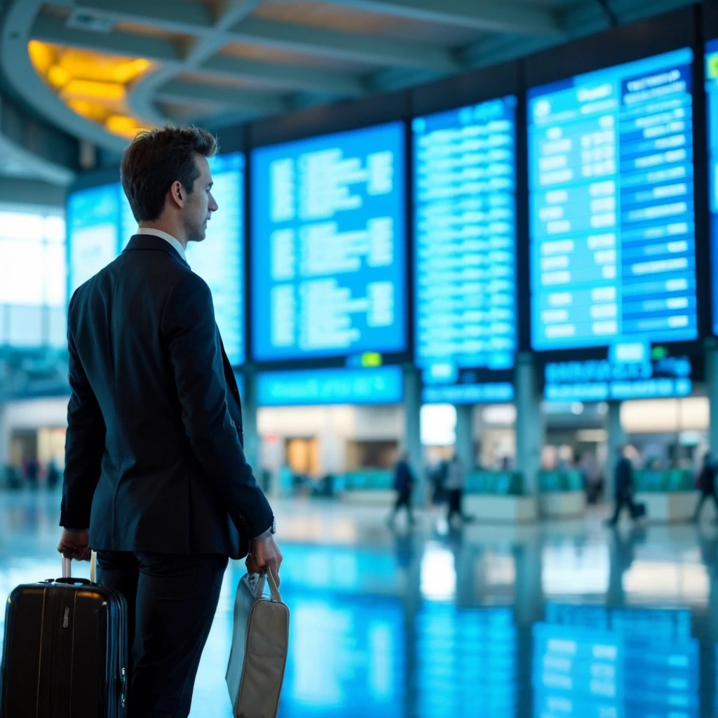 European manager taking a plane at an airport and looking at the departure board