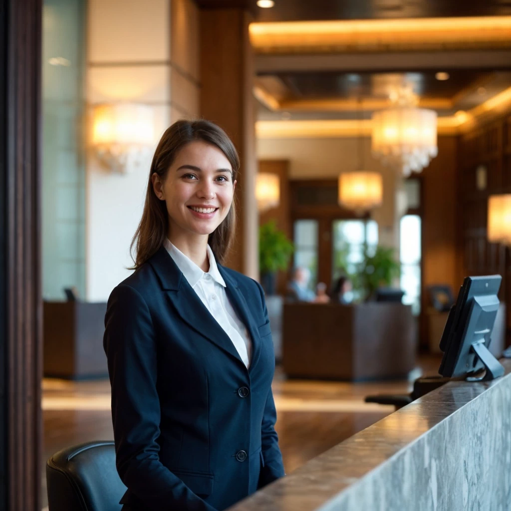 European hotel receptionist welcoming a client with a smile