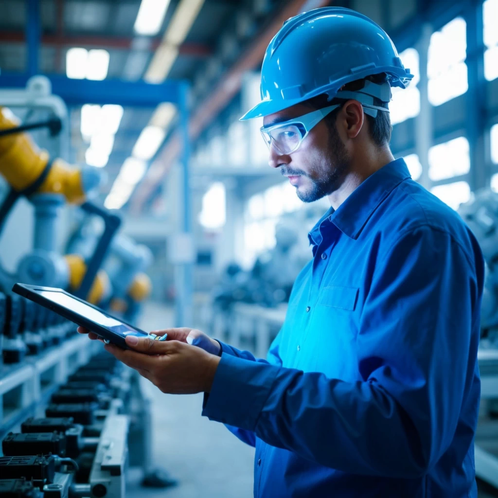 Un ouvrier européen dans une usine moderne utilisant des machines de haute technologie