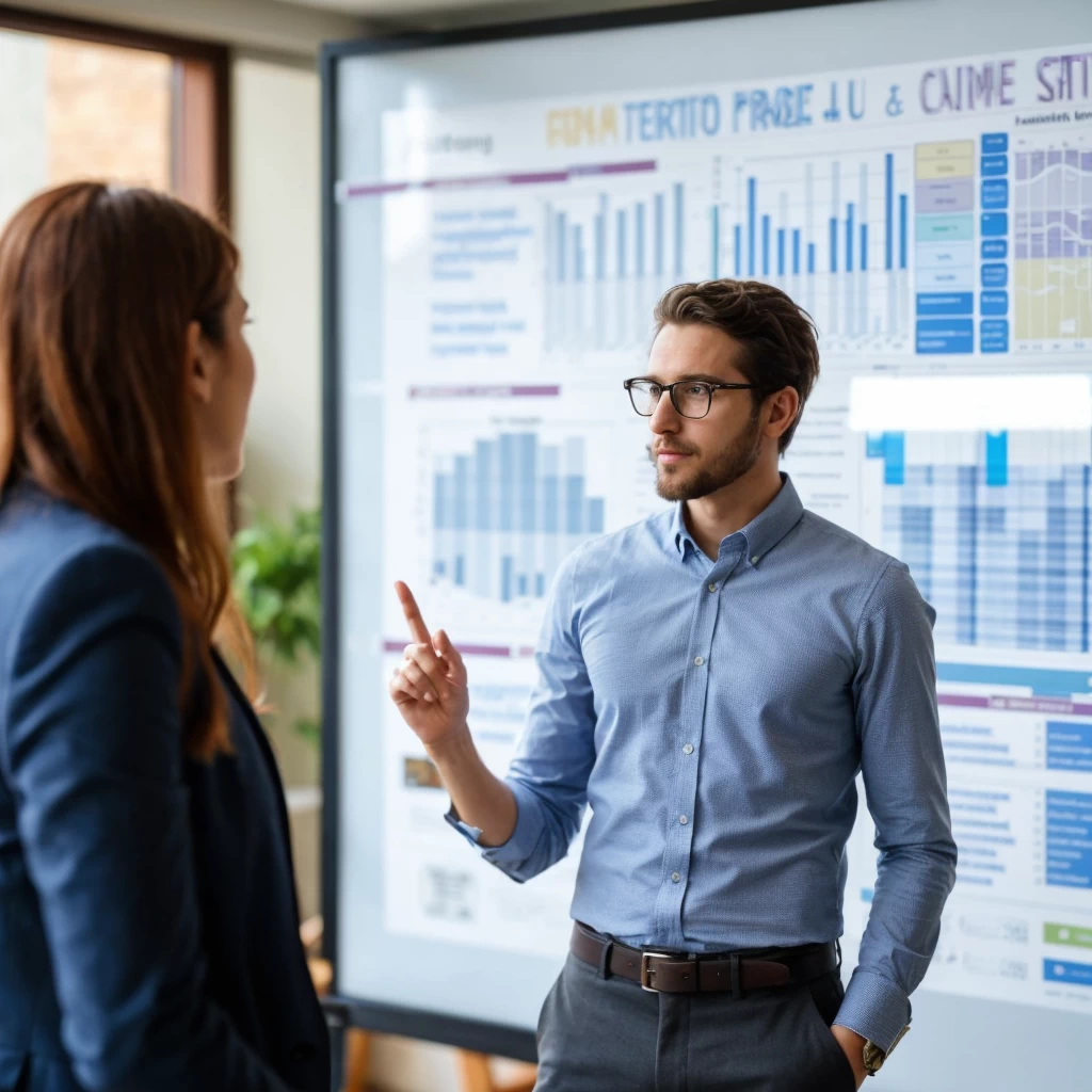 European employee discussing with a professional advisor in front of a company organizational chart