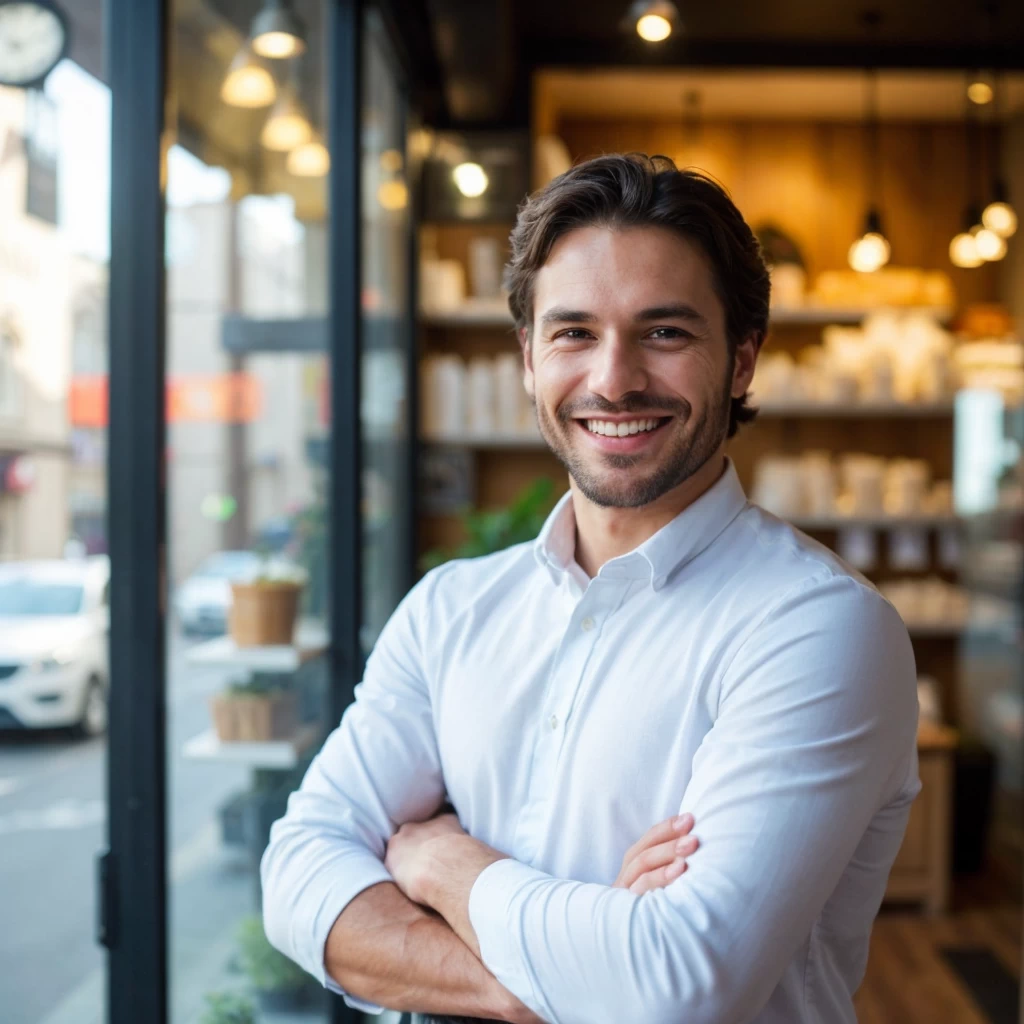 Smiling franchisee in front of his business