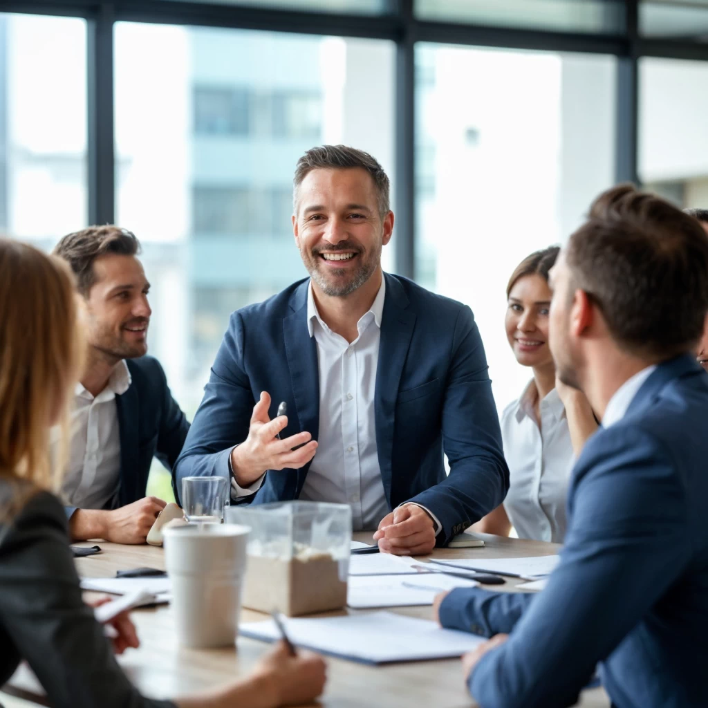 High-performing managerial team in strategic meeting