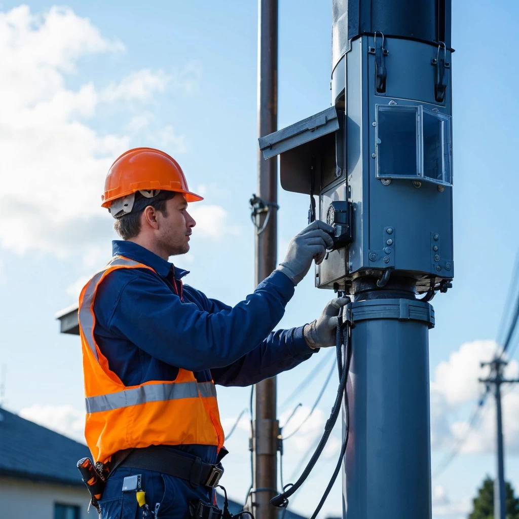 European technician on a platform fixing a communication box