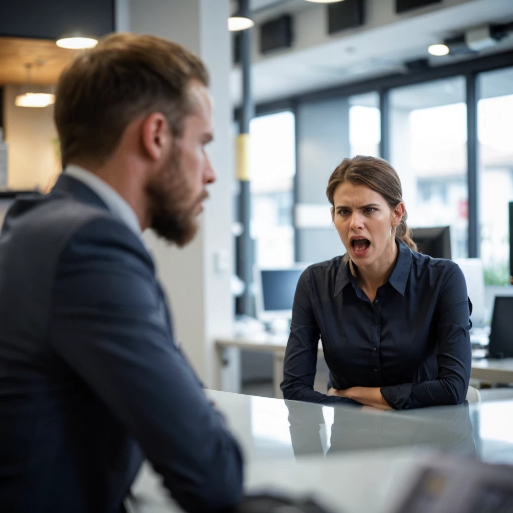 European employee confronted by an aggressive dissatisfied customer