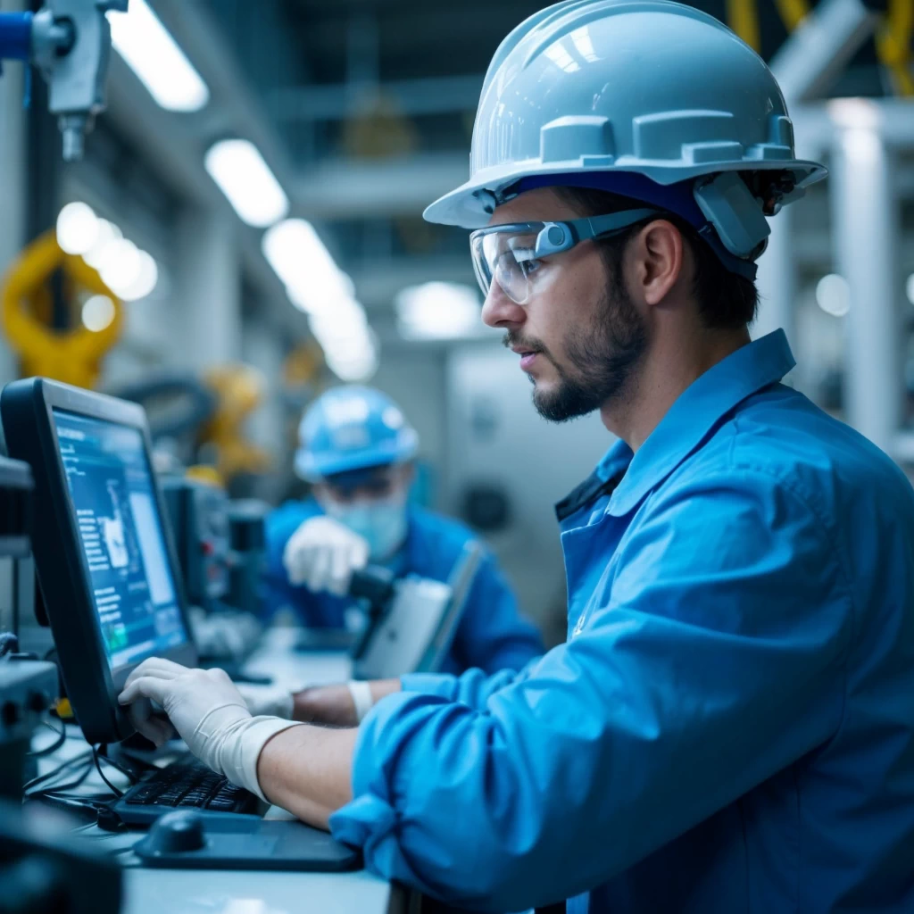 A European industrial engineer using a tablet to monitor a robotic production line